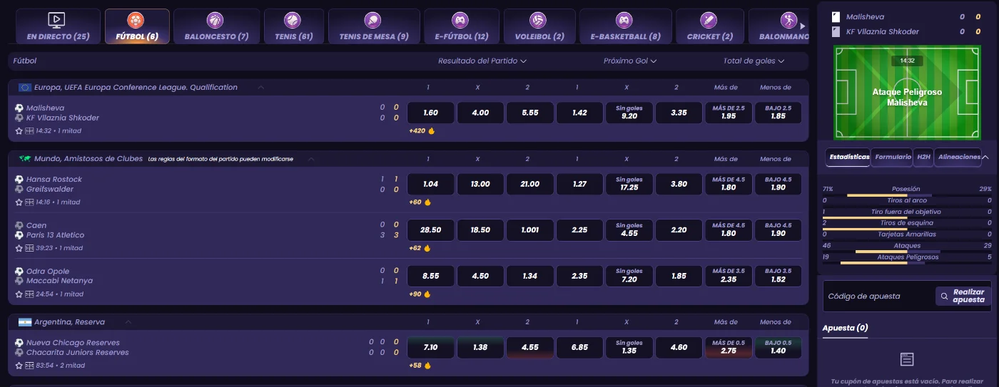 FunBet Casino apuestas deportivas en directo con cuotas, estadísticas y mercados de fútbol